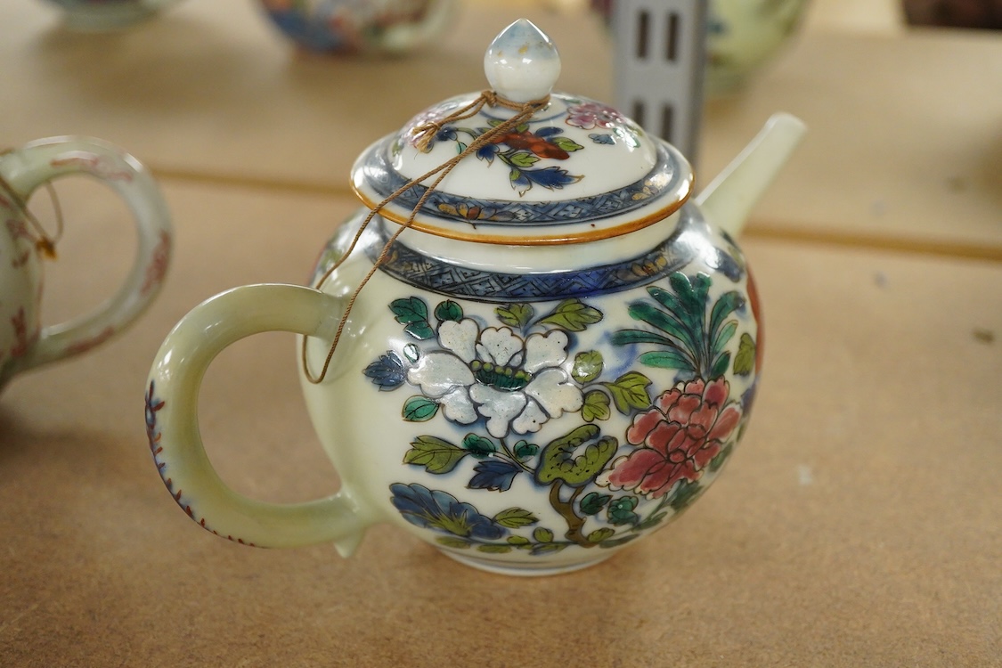 Three 18th century Chinese porcelain European enamelled teapots and covers, tallest - 13cm high